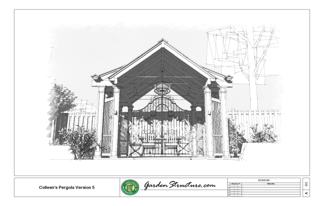 A very tall pavilion with entrance gates in the rear of the structure, trelliswork and chandelier