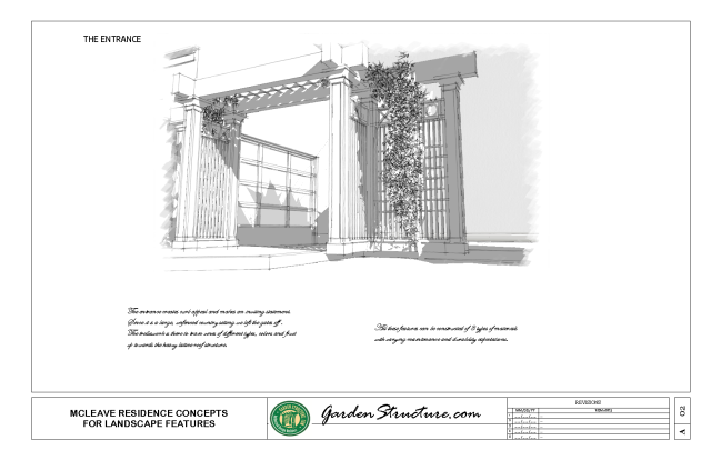 LANDSCAPE ARCHITECTURE Entrance Pergola in PVC with trelliswork and douglas fir beams
