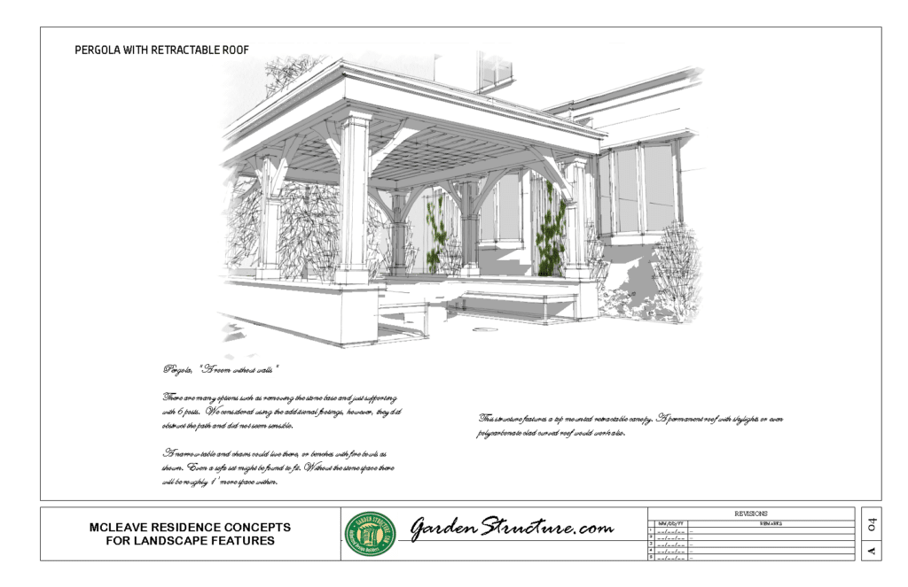 Pergola design with retractable roof and drop down screens concept in greyscale