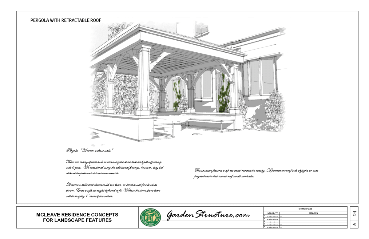 LANDSCAPE ARCHITECTURE Pergola concept design with drop down screens and retractable roof