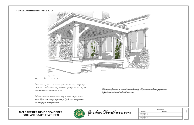 LANDSCAPE ARCHITECTURE Pergola concept design with drop down screens and retractable roof