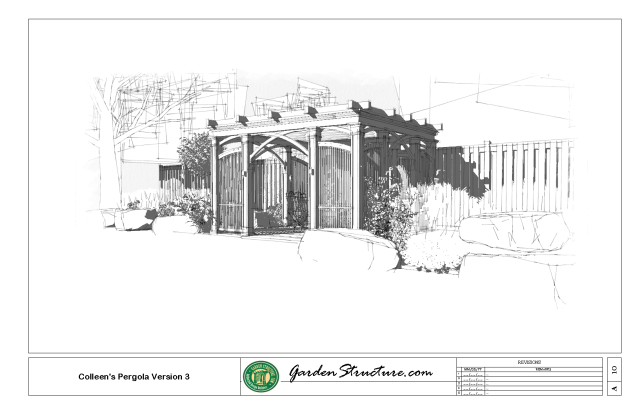 Pergola Concept design with laminated arched bracing, retractable roof and trelliswork