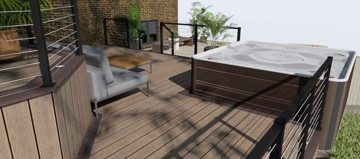 Rendered decking with hot tub and cable rails