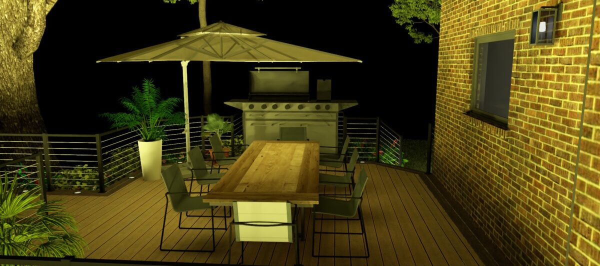 A Dining Room Deck, with low voltage lighting designed in. Low light rendering.
