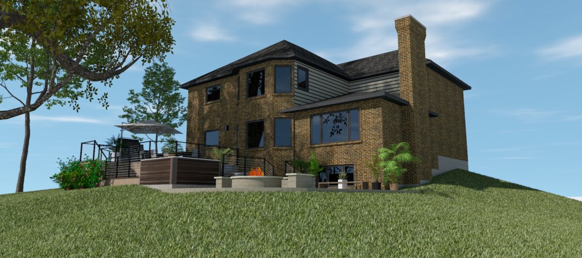 Deck design with rendered home beyond cable rails, hot tub composite decking