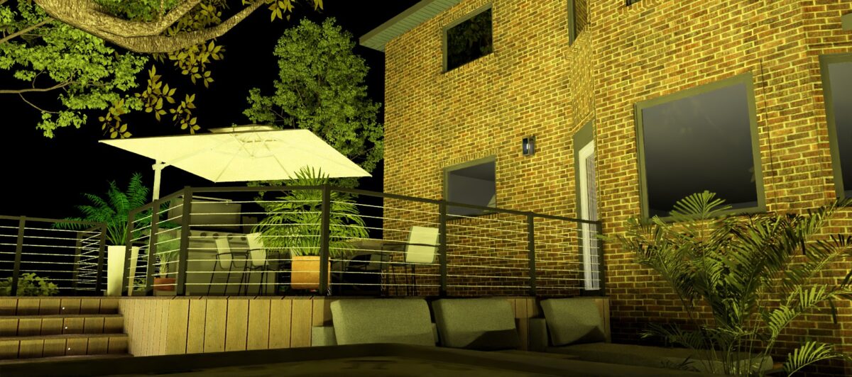Deck design with lighting, rendered with lighting