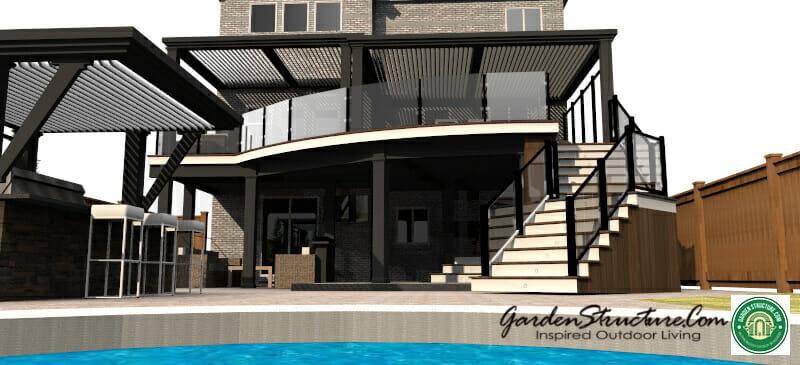 A modern deck with bar and louvered canopy
