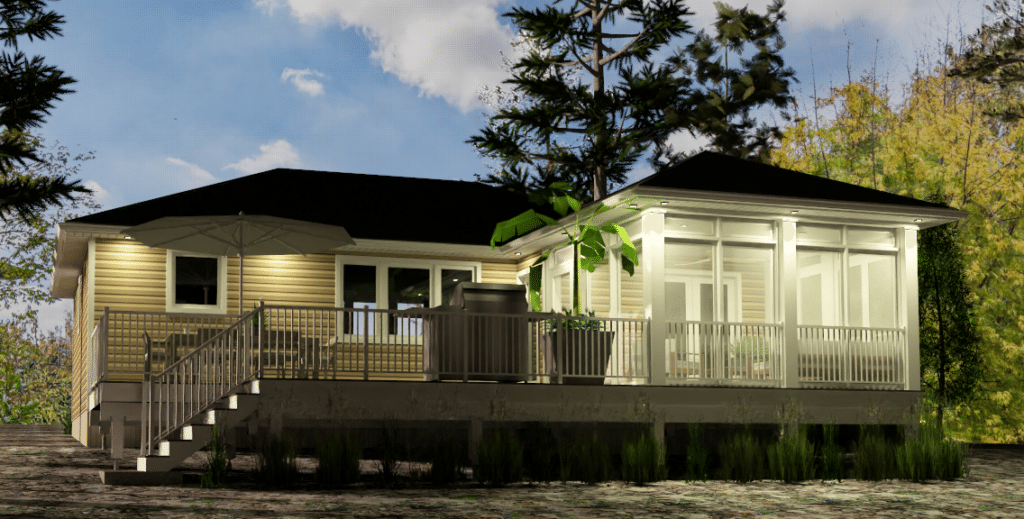 Rendered concept designs for an Ossasane Beach Cottage to be built in Tiny Township in 2026